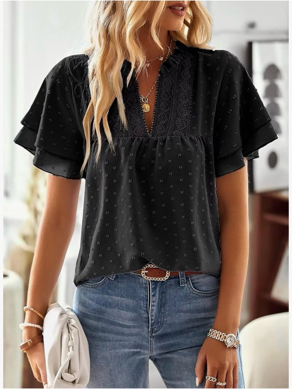 Amazon Black Lace-Trim Flutter Sleeve Top